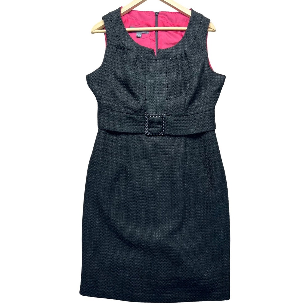 Donna Ricco New‎ York Black Tweed Sleeveless Sheath Dress Belt Buckle 12 Shimmer